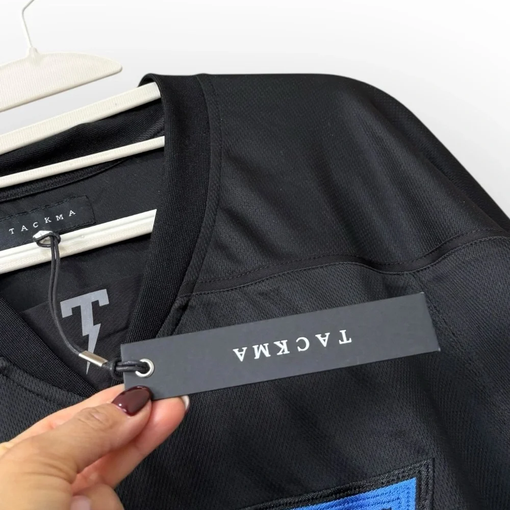 NEW Tackma Men’s Black Long Sleeve‎ Jersey Blue Logo Size XL